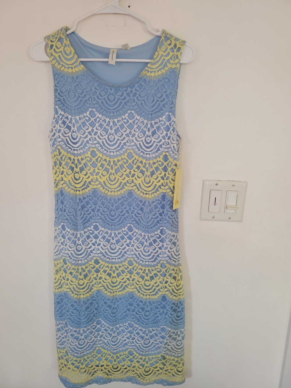 Tacera Sleeveless Lace Midi Dress in Blue, White & Yellow